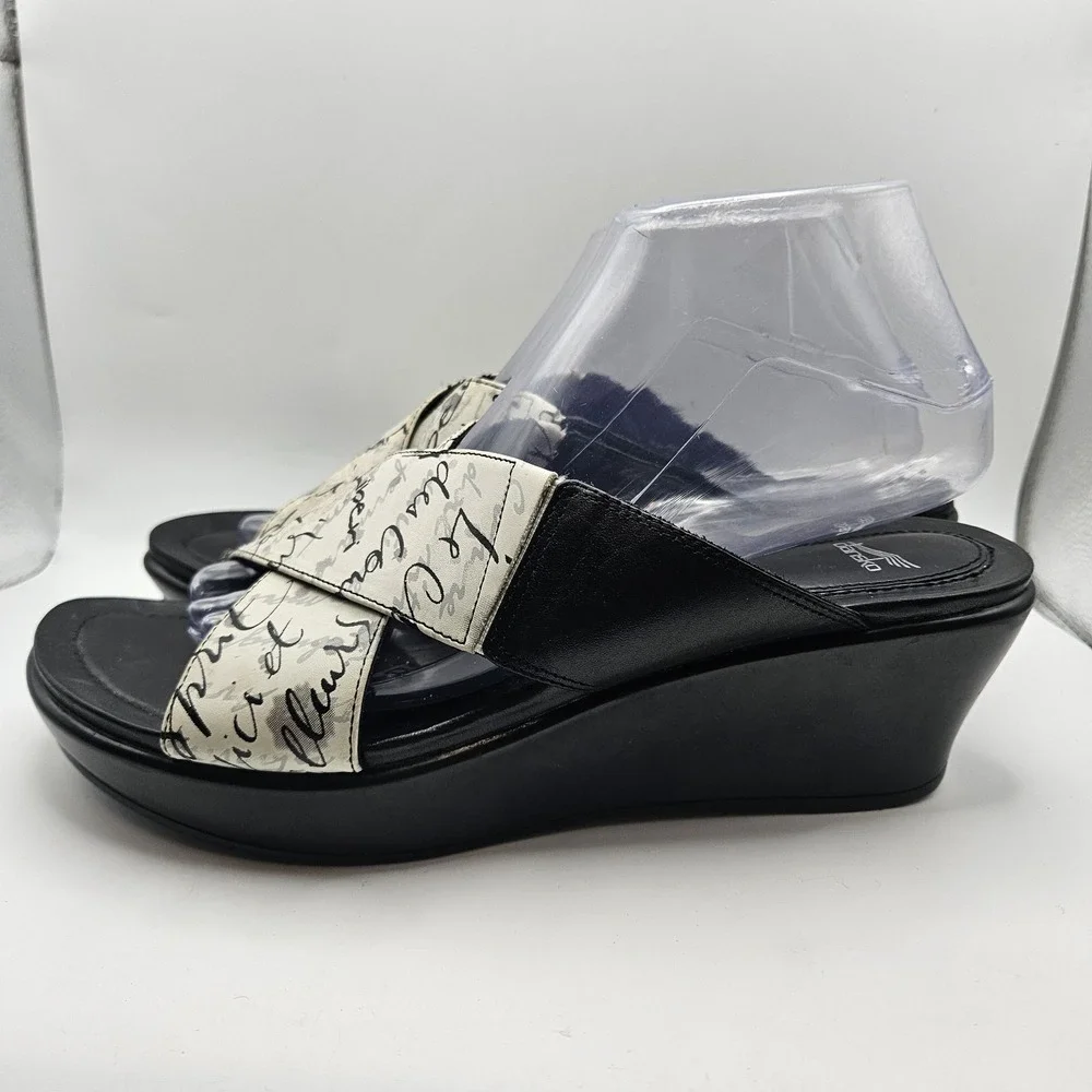 Dansko Ava French Script Criss-Cross Black Wedge Sandals Comfort Travel Size 9.5